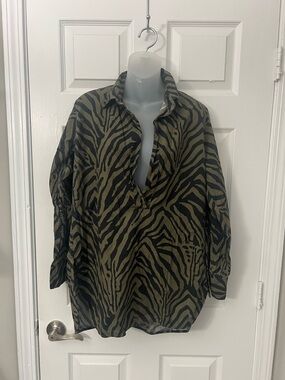 Fisico Animal Print Swim Cover-Up Tunic Dress Size Small Green Black Long Sleeve